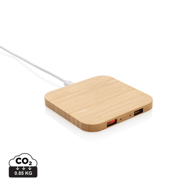 10W Wireless-Charger mit USB aus Bambus braun