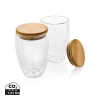 Set 2 bicchieri in vetro borosilicato con tappo in bambù trasparente